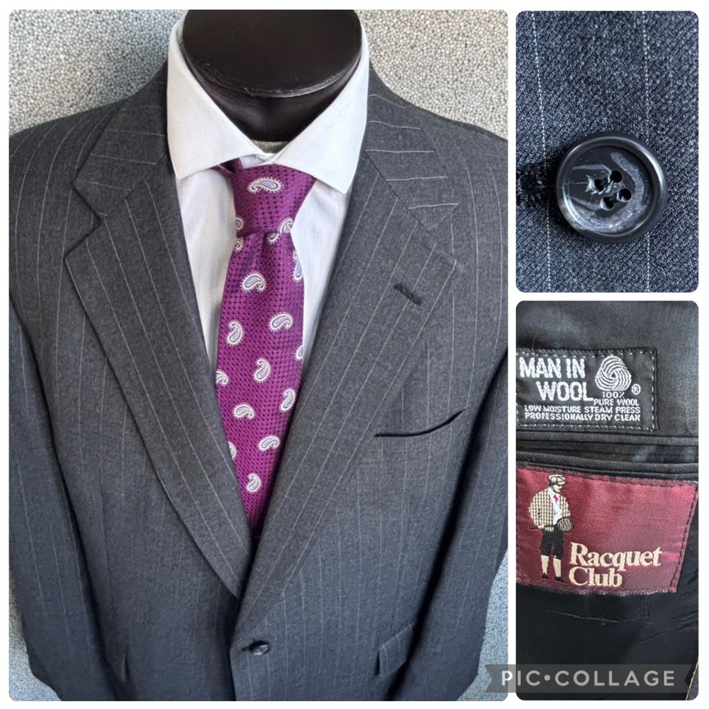 Racquet Club Gray Striped Sport Coat 44L Man in Wool Jacket Blazer Lord & Taylor